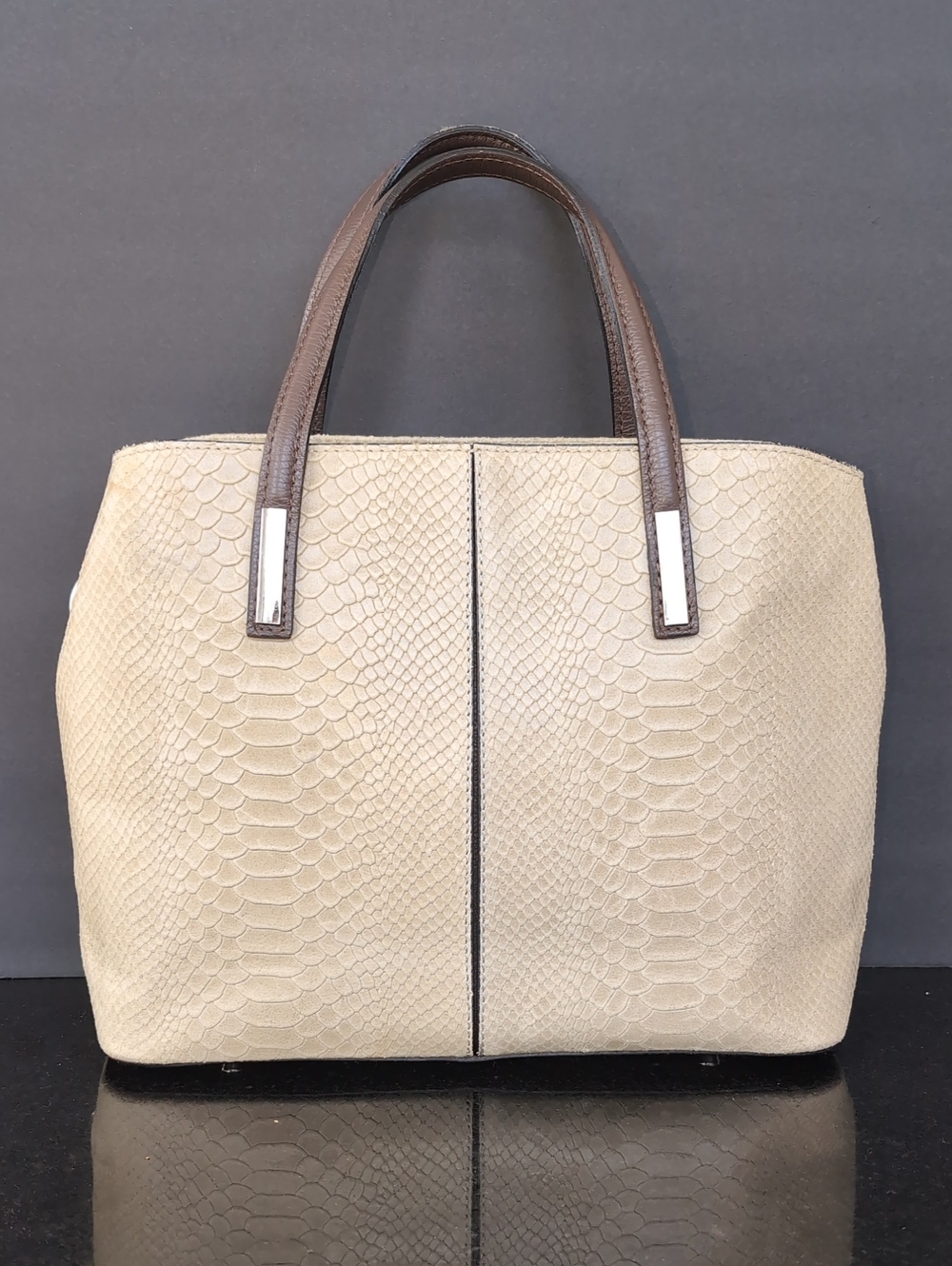 Roberta M Elegant Beige Tote Bag with Brown Handles Made In Italy Size14+10+5